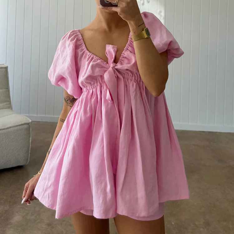 V-neck Puff Sleeve Tie-up Top And Loose Shorts Two-piece Set