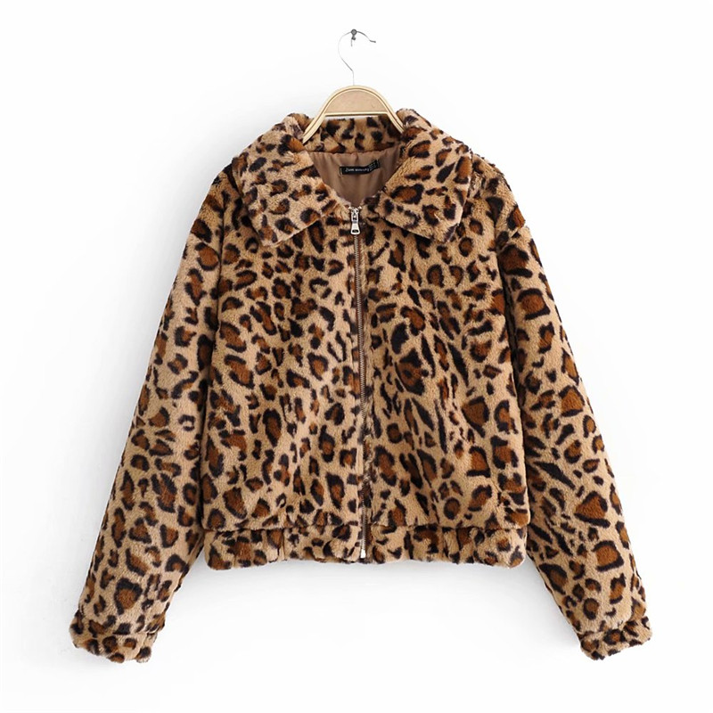 Vintage Leopard Print Lapel Zipper Slim Fit Faux Fur Cotton Jacket Brown - Shop at LoveMi