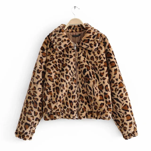 Vintage Leopard Print Lapel Zipper Slim Fit Faux Fur Cotton Jacket Leopard - Shop at LoveMi