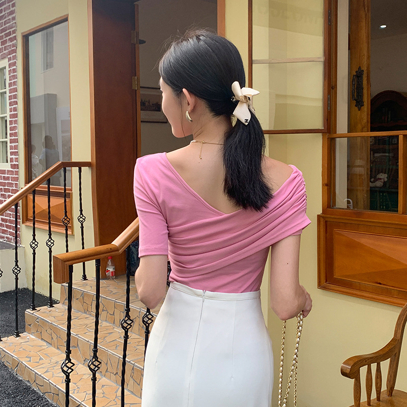 Women's Diagonal Collar Off Shoulder Elegant Short Sleeve Top