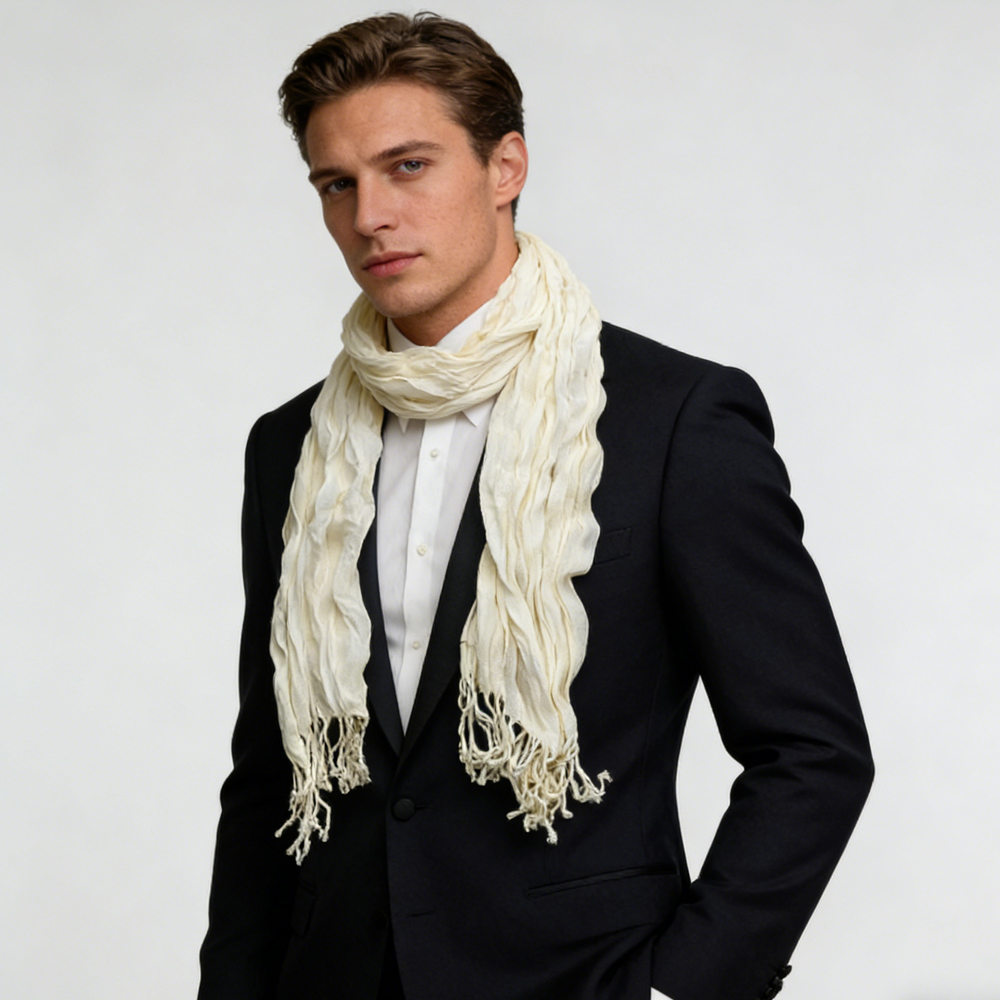 2pcs Pure White Crinkle Texture Brightens Complexion Scarf,Wedding Season Staple Scarf,vacation,daily Life,evening Party,Office Appropriate Subtlety For Women Men - Men's Clothing