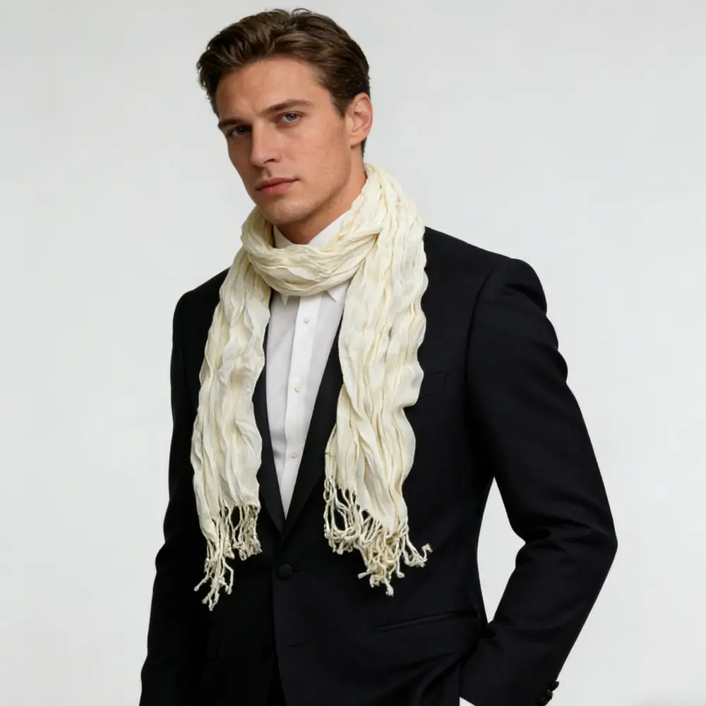 2pcs Pure White Crinkle Texture Brightens Complexion Scarf,Wedding Season Staple Scarf,vacation,daily Life,evening Party,Office Appropriate Subtlety For Women M
