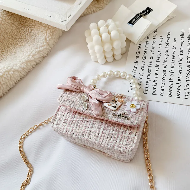 New Children's Shoulder Bag, Pearl Portable Princess Coin Purse, All-match Bow Chain Decoration Bag - Pink