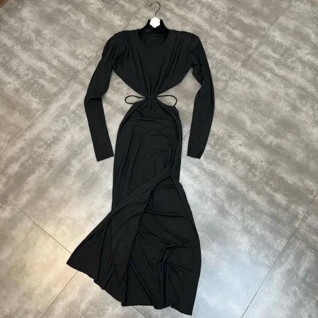 Spice Girl Style Dress With Lower Slit Of Binding Rope Black - Shop at LoveMi