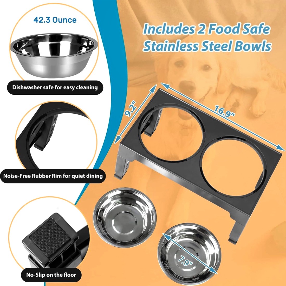 Large Dog Food Feeding Stand Station Stainless Steel Double Raised Bowls Feeding