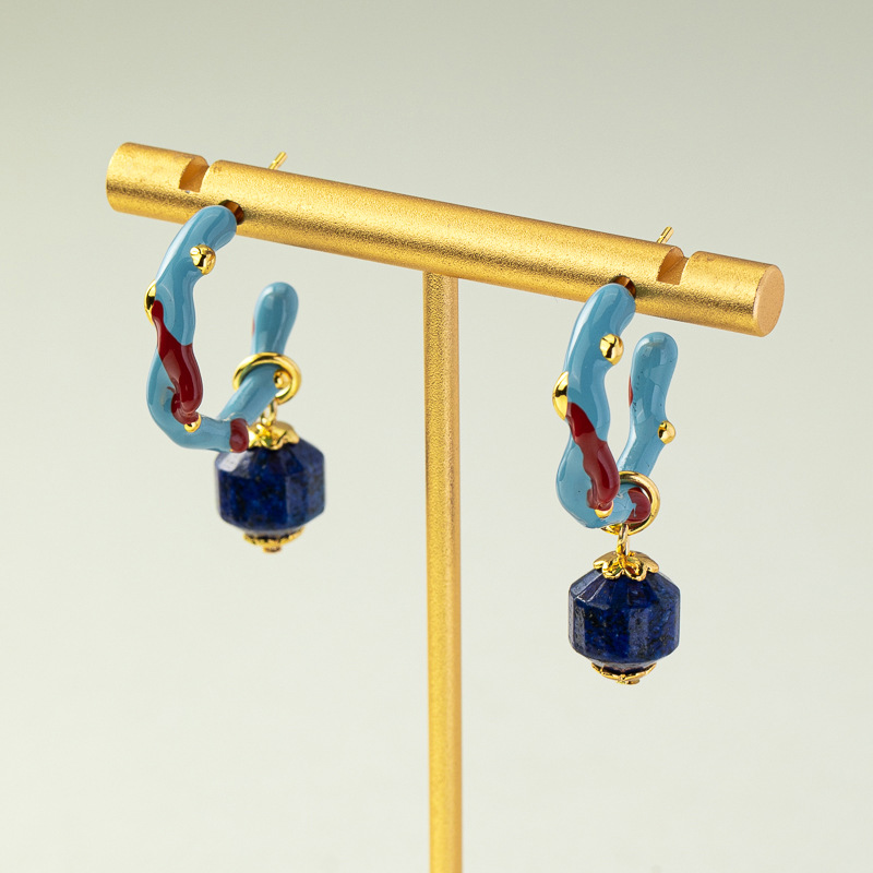 Title 5, Coral Enamel Glaze Natural Lapis Earrings