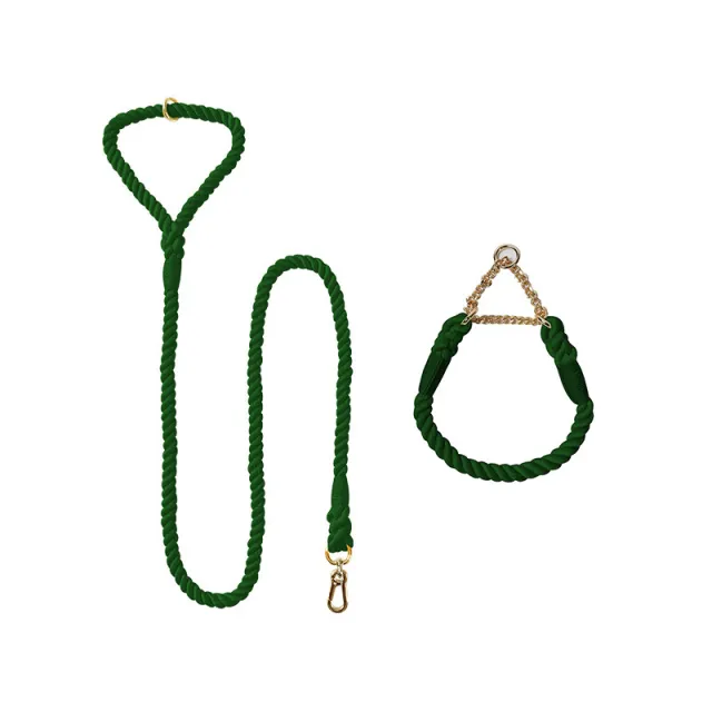 Woven Cotton Pet Dog Leash Collar Set Dark Green Gold - Shop at LoveMi