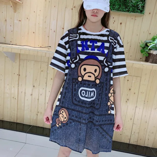 Short Sleeved Loose Fitting Oversized Summer Breathable T shirt Dress Strap Striped Macaque - Shop at LoveMi
