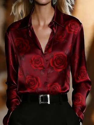 Urban Luxury Style Satin Collar Long-sleeved Shirt For Women