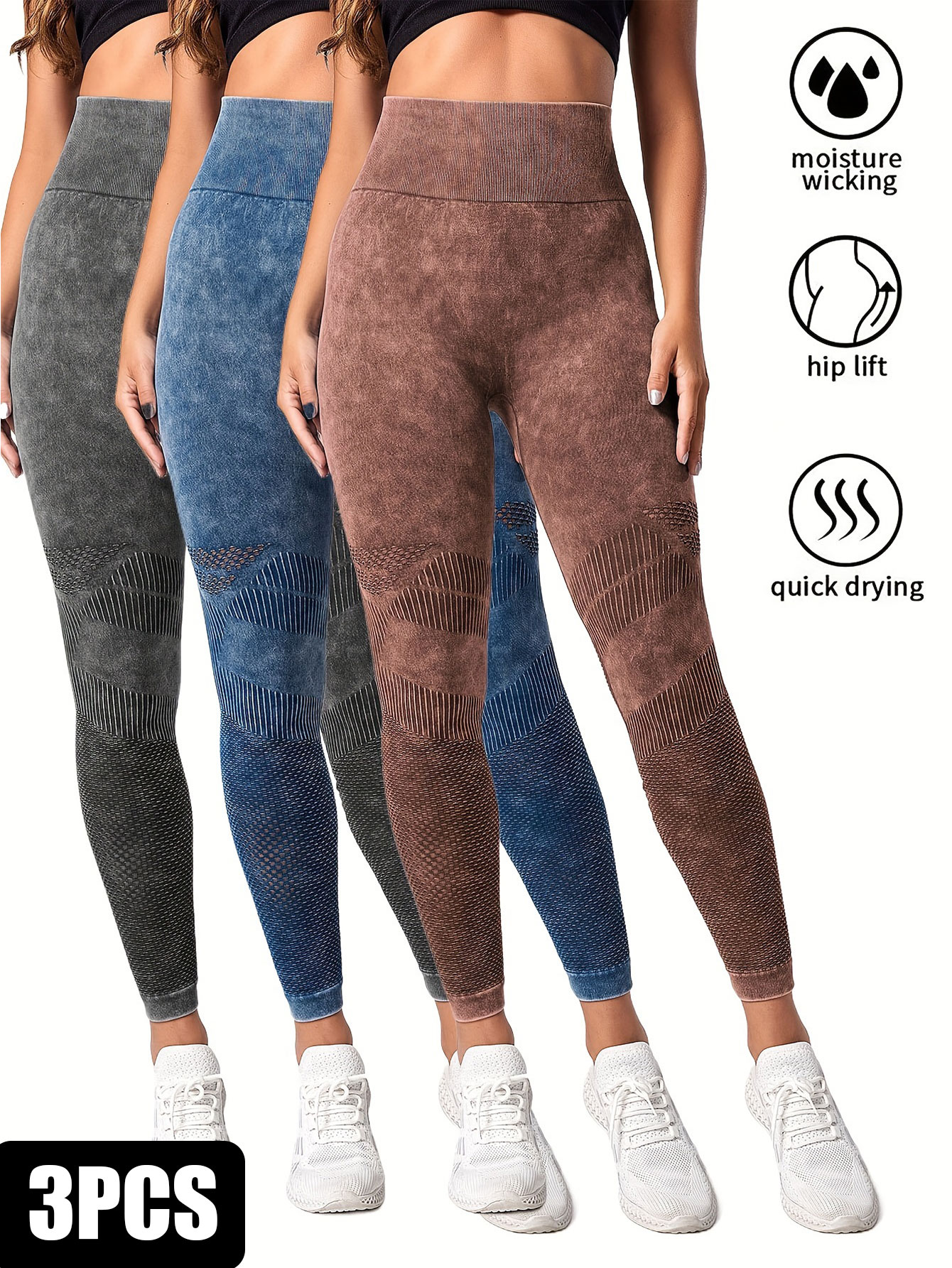3 Pack Women's Seamless Washed Wide Waistband Sports Leggings, Women's High Waist Yoga Leggings, Textured Tummy Control Ruched Booty Tights Push Up Yoga Pants 3Pack1 M - Shop at LoveMi