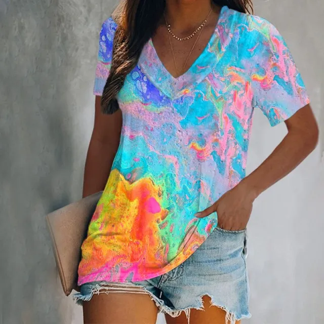 Digital Printing Short sleeved V neck T shirt 1Color - Shop at LoveMi
