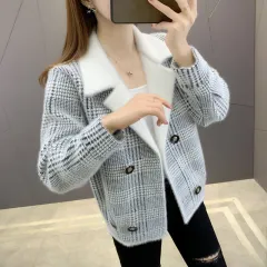 Houndstooth Ladies Short Mink Fleece Sweater Jacket - Black - View 1