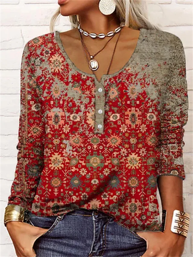 Women's Casual Loose Long Sleeve Flower Mang U Neck Button T Shirt Red - Shop at LoveMi