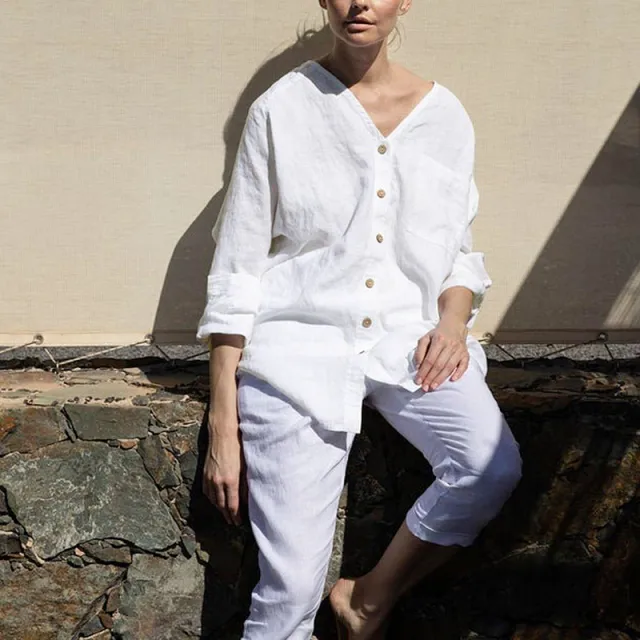 DressRetro Solid Color V Neck Casual Niche Cotton And Linen Long Sleeved Top White - Shop at LoveMi