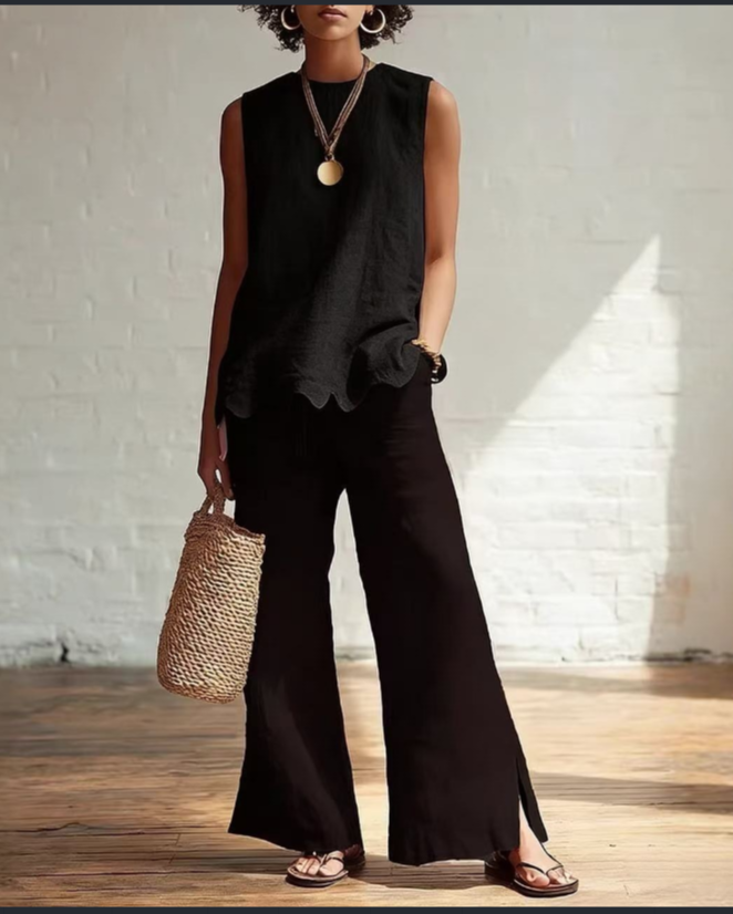 Linen-Style Round Neck Scallop Hem Sleeveless Top
