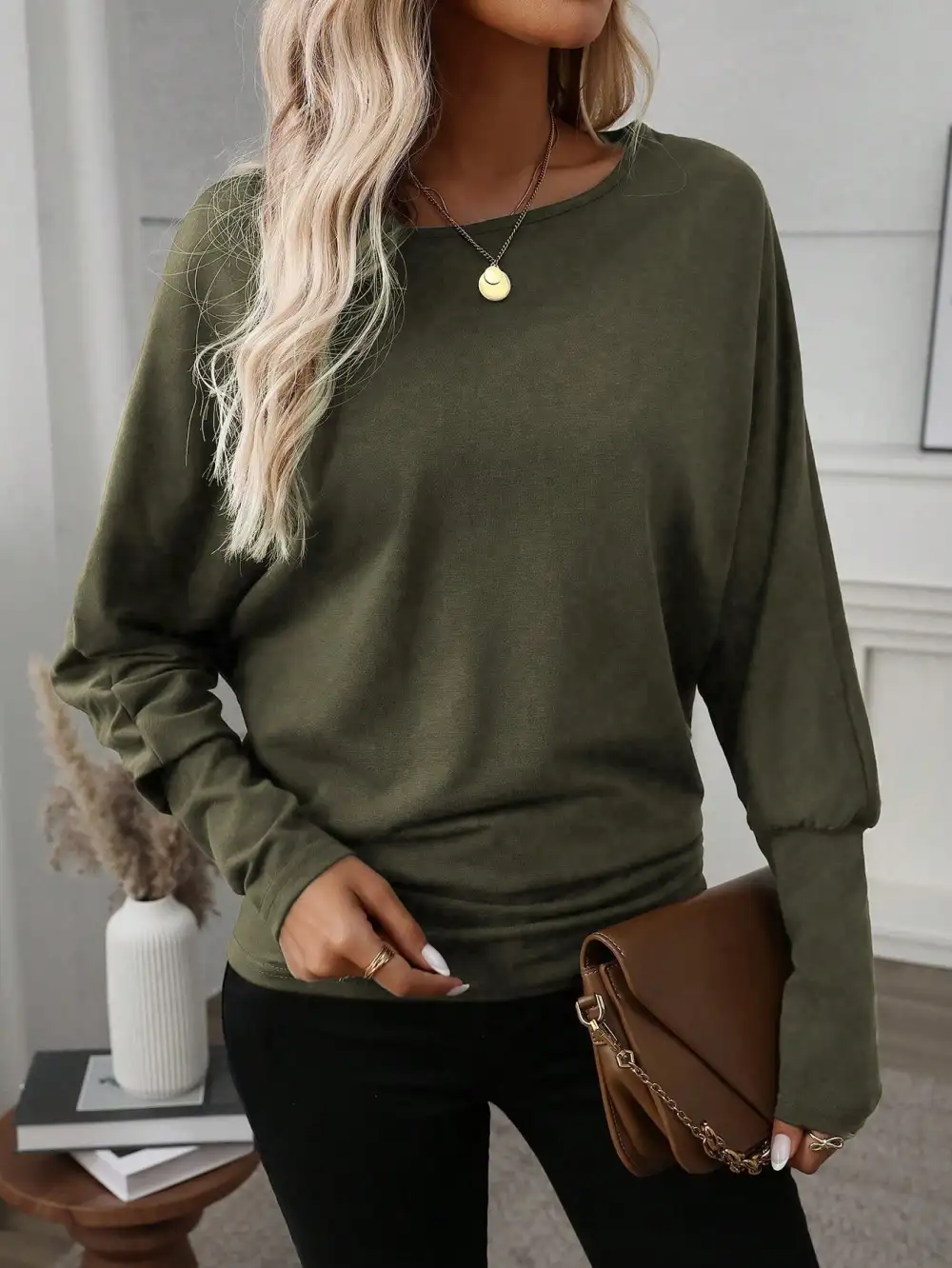 Women Solid Color Long Sleeve Minimalist Casual Top