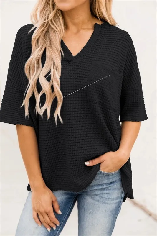 Summer Short sleeved V neck Pocket Split Loose Knit Top Black - Shop at LoveMi