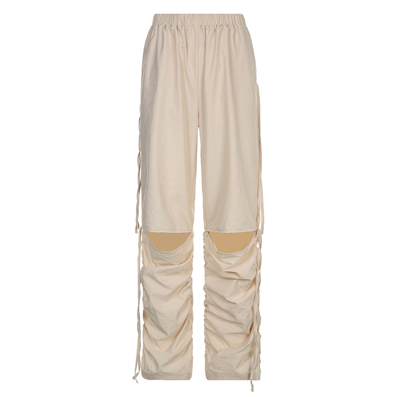 Cutout Ribbon Pleated Loose Straight Casual Trousers Color S - Shop at LoveMi