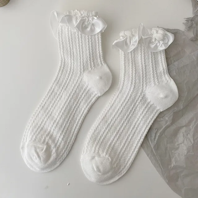 White Lolita Lace Socks Women's Mid Tube Cotton Ribbon - Shop at LoveMi
