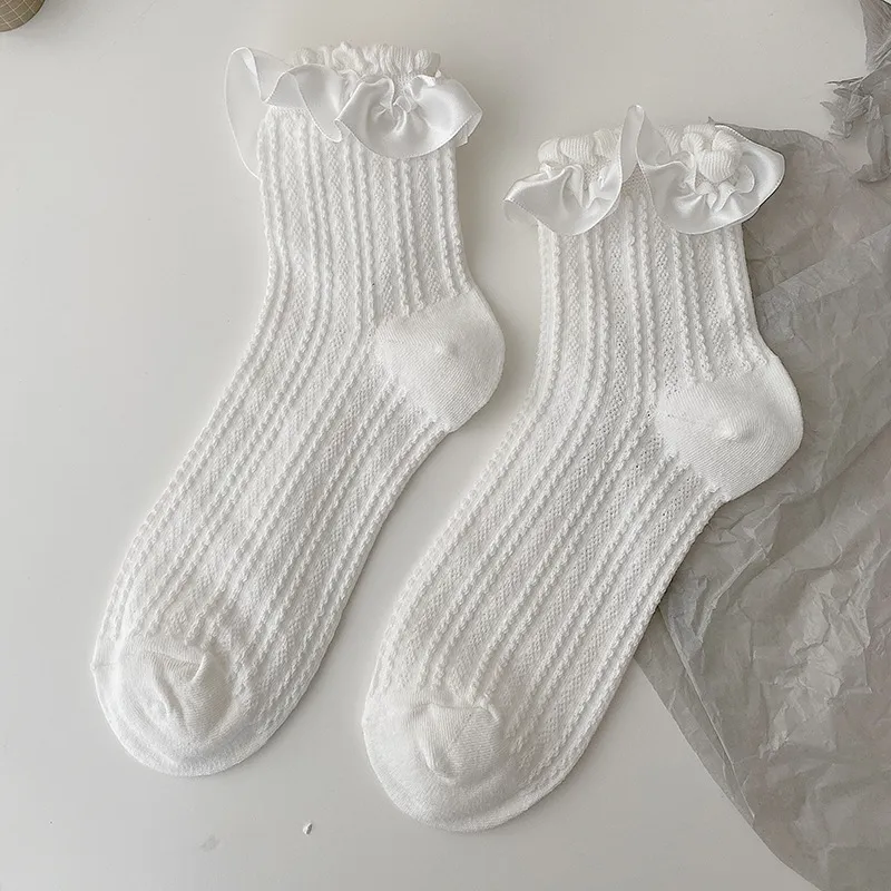 White Lolita Lace Socks Women's Mid Tube Cotton - Ribbon