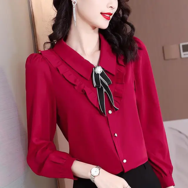 Design Niche Long Sleeved Age Reducing Chiffon Top Red - Shop at LoveMi