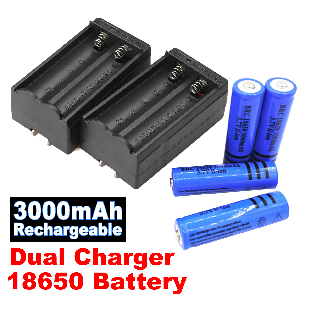 Li-ion Battery&Charger 3000mAh 3.7V Rechargeable Batteries US Plug For Torch Flashlight