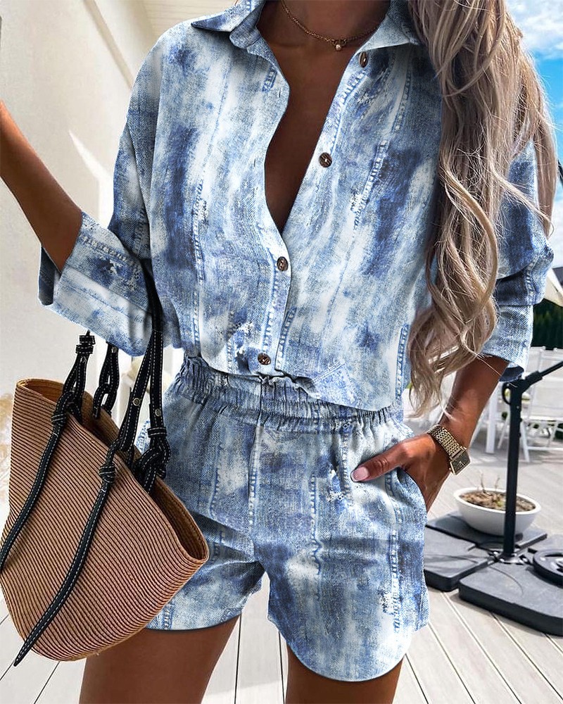 Women's Striped Button Design Casual Long-sleeved Shirt Shorts Suit