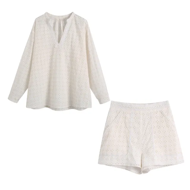 Women's Dignified Hollow Embroidered Shirt And Shorts Suit Suit - Shop at LoveMi