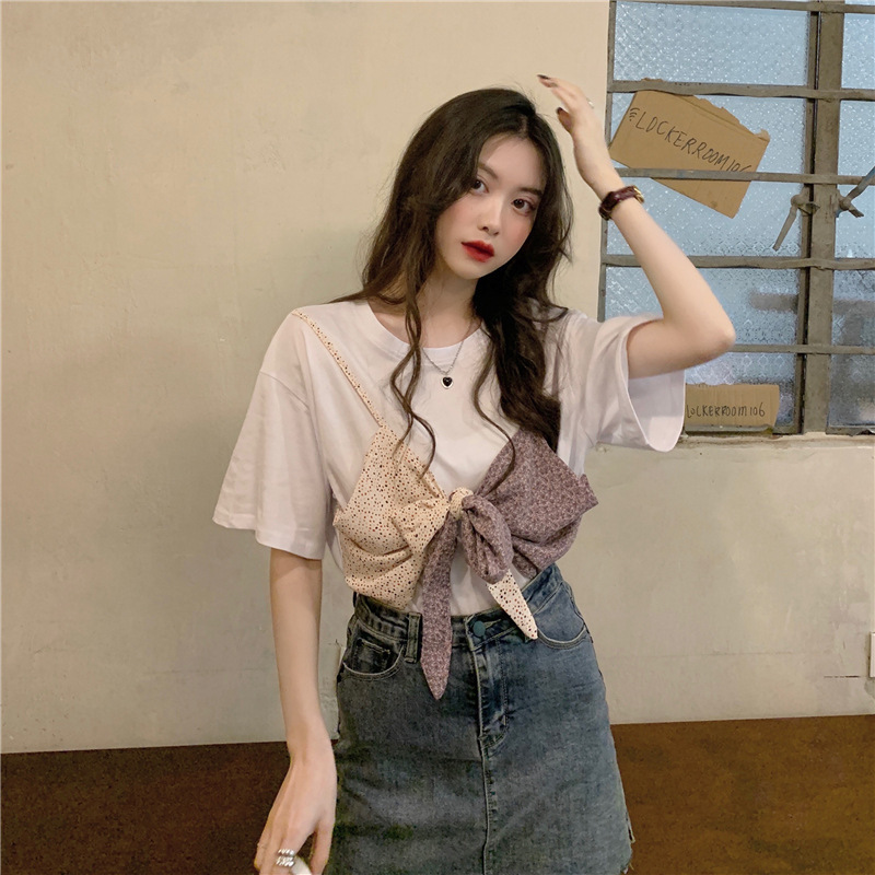 Bow Pure Cotton Loose Short Sleeve T-shirt Women's Fake Two-piece Top