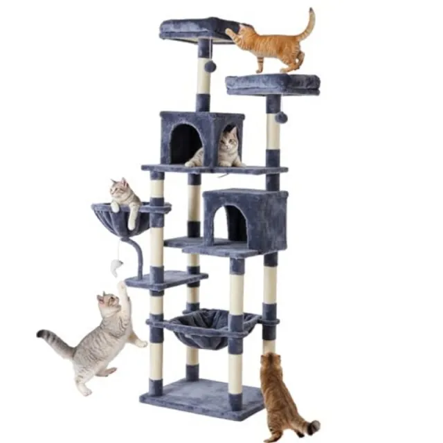 71 inch Cat Tree Tower, Large Multi story Cat Climbing Tower, Natural Sisal Grabber Posts, Extended Platform, Hammock Dark Grey - Shop at LoveMi