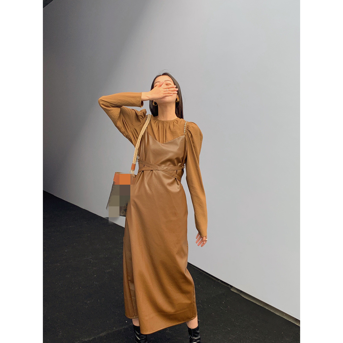 Women's Waist Strap Sling Leather Dress