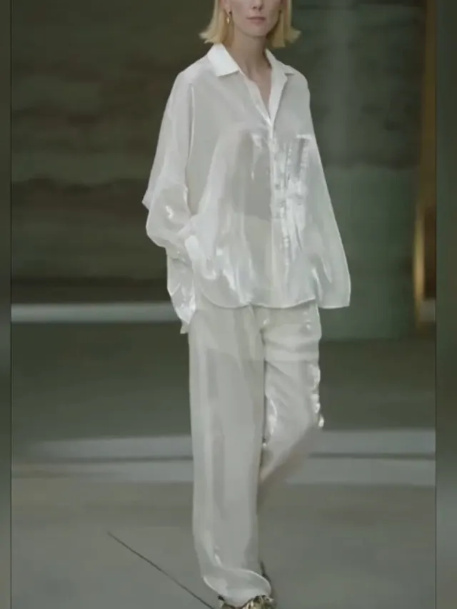 Ice Silk Long Sleeve Casual Stand Collar Shirt & Pants Set White - Shop at LoveMi