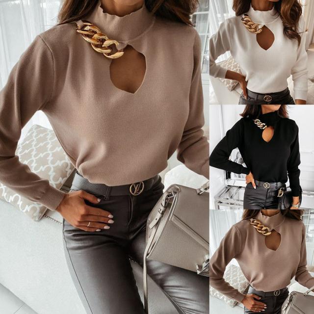 Title 5, Long Sleeve Turtleneck Chain Decorative Hollow ...