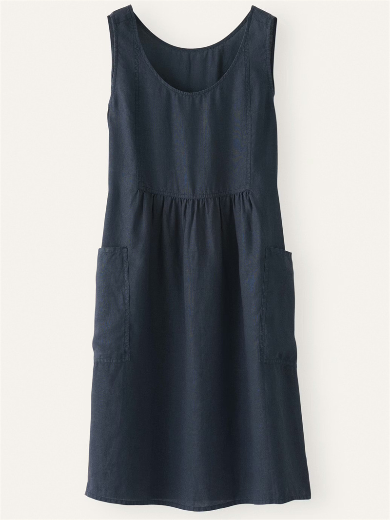 Round Neck Sleeveless Ruched Linen Cotton Blend Casual Dress With Pockets