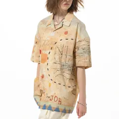 Casual Loose Graffiti Pine High Street Short Sleeve Shirt - Color - View 1