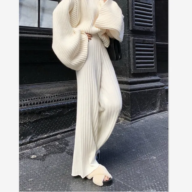 High Waist Pendant Feeling Mop Knit Straight Tube Pants White - Shop at LoveMi
