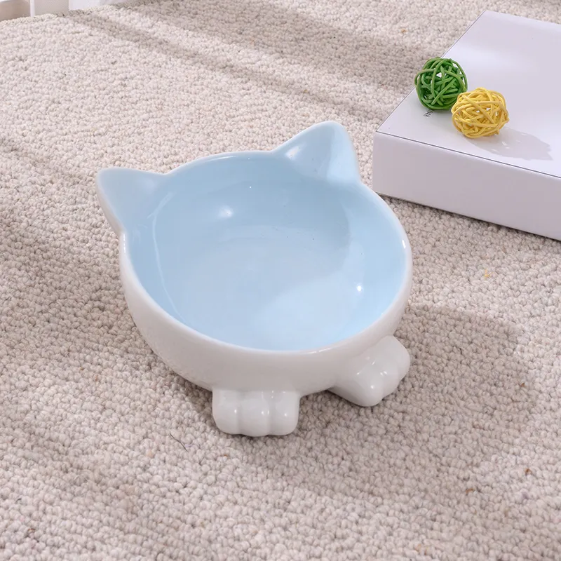 Ceramic Cat Bowl Anti Overturn Slanted Mouth - Blue