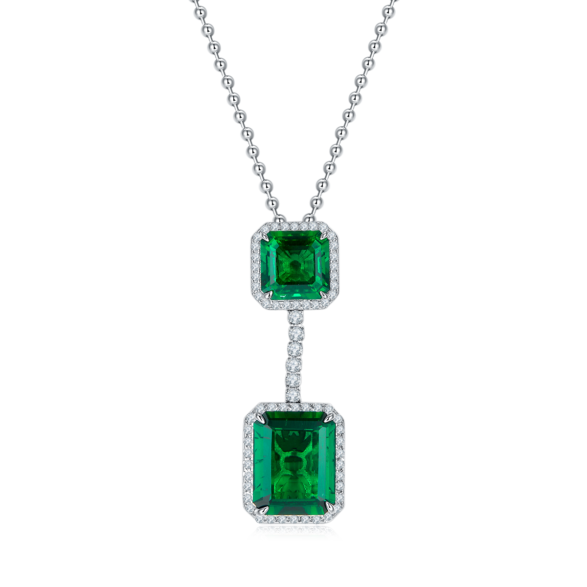 S925 Silver 12.9g 12.7ct Lab-Created Emerald Necklace, 15x12mm & 10x10mm Double Drop, 40cm