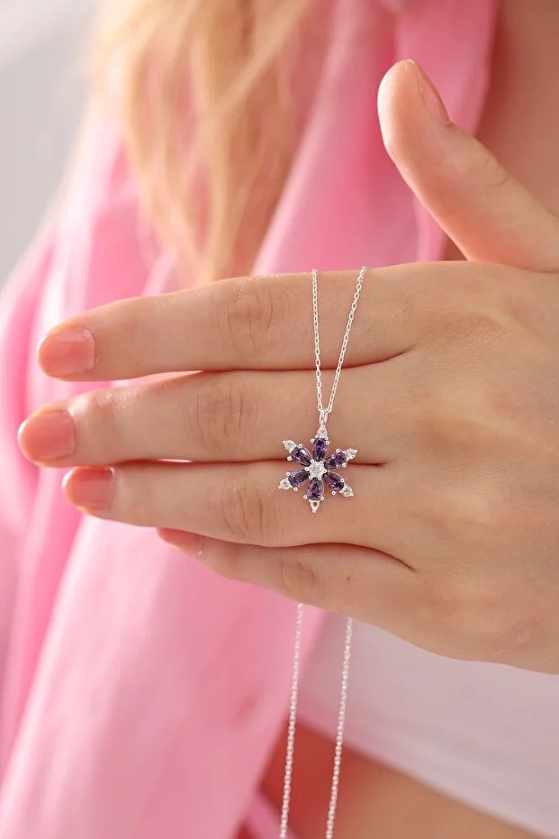 925 Sterling Silver Lotus Camellia Necklace With Amethyst Teardrop Stone