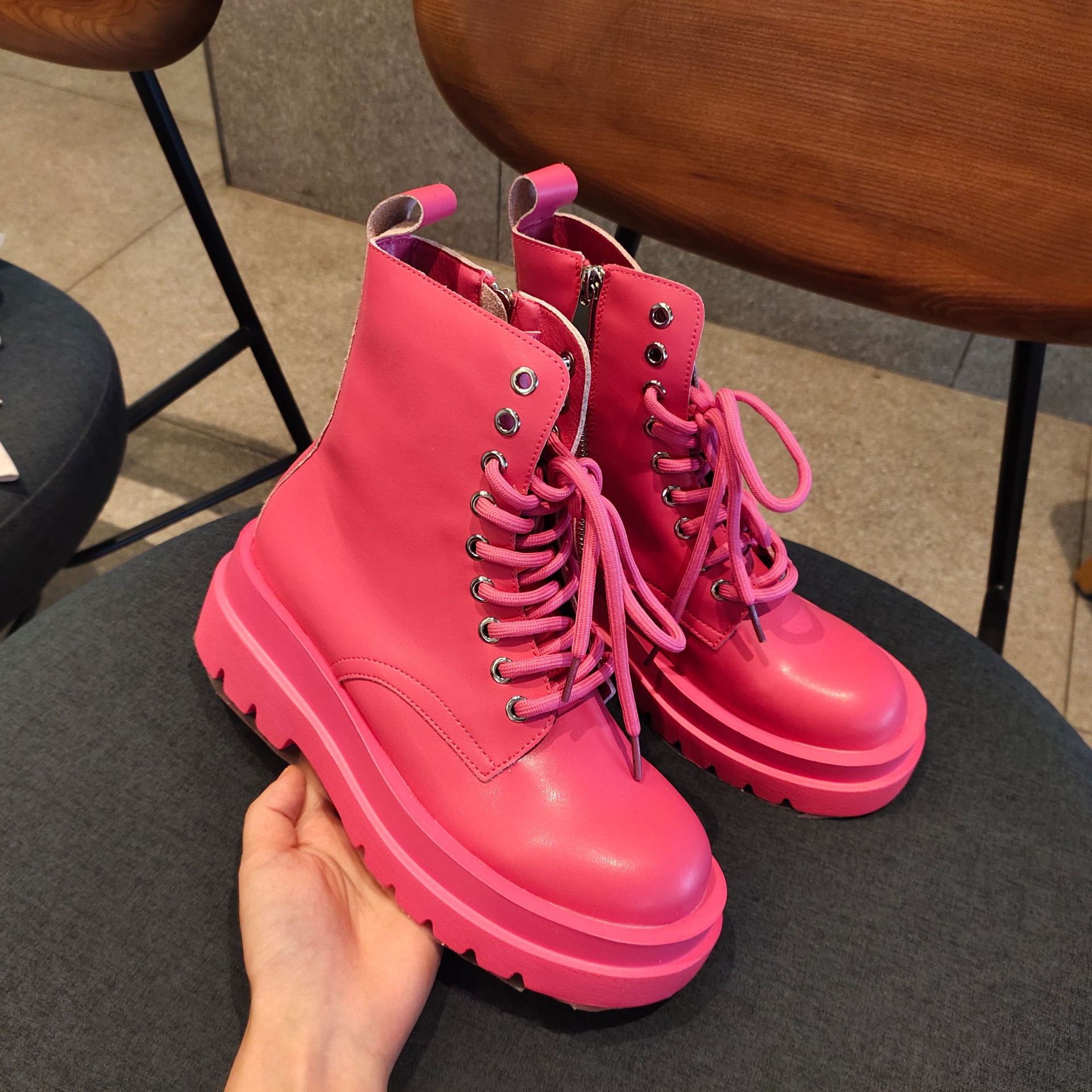 British Style Women's Leather Thick soled Increased All match Women's Boots Powder 38 - Shop at LoveMi