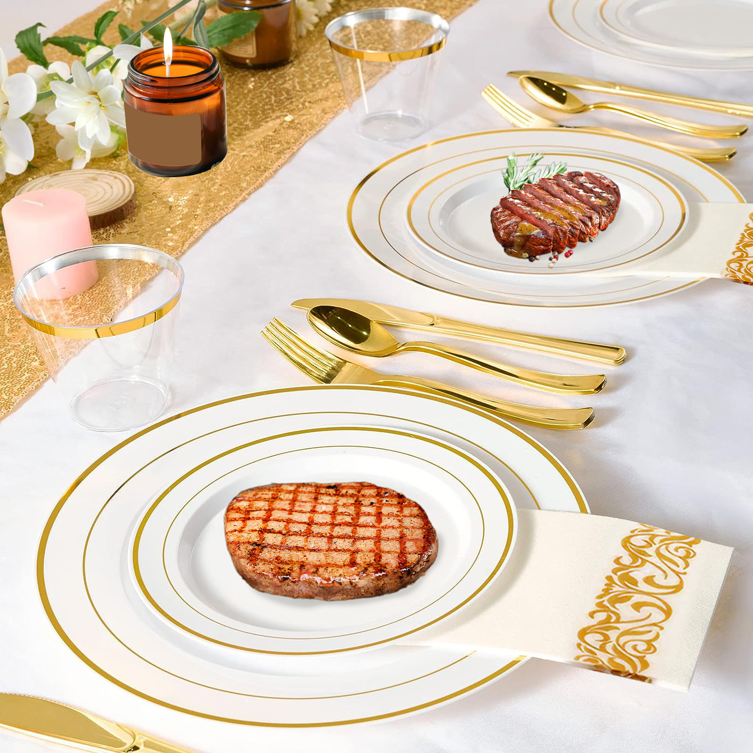 Ensemble de 175 pièces de vaisselle jetable en or, assiettes en plastique, tasses – Image 4