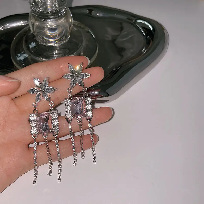 Square Diamond Gem Tassel Style Earrings