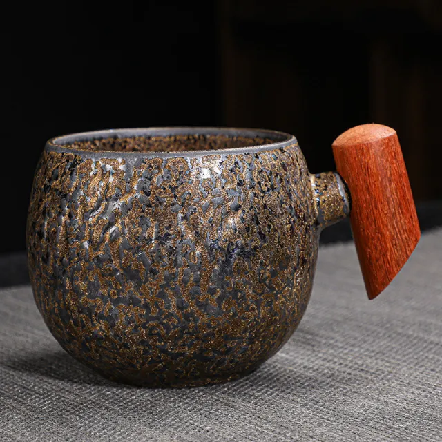 Kiln Change Ceramic Mug Office Wooden Handle Handle Gold - Shop at LoveMi