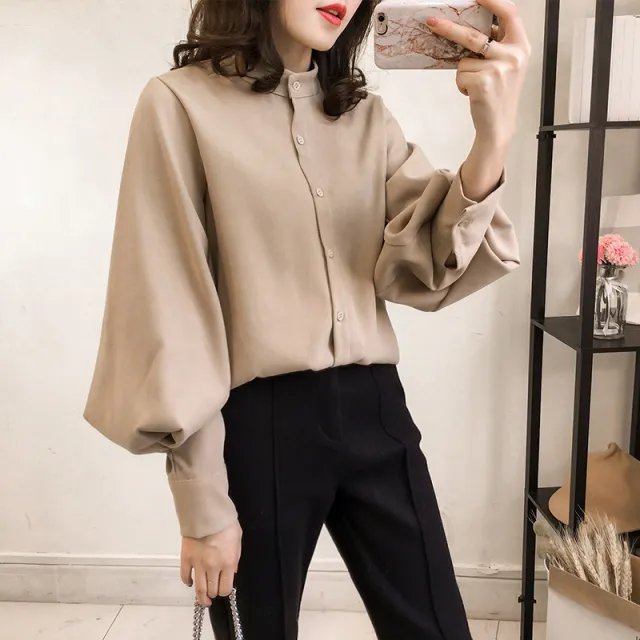 Women's Simple Elegant Solid Color Long Sleeve Shirt Khaki - Shop at LoveMi