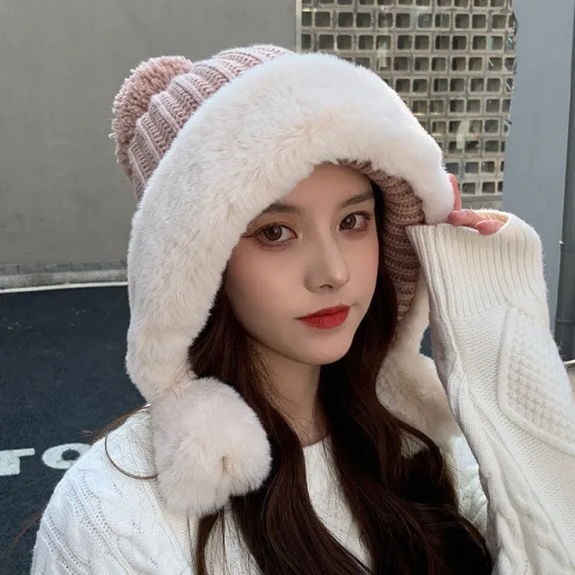 Rabbit Fur Knitted Hat Large Head Fleece Warm Pink - Shop at LoveMi