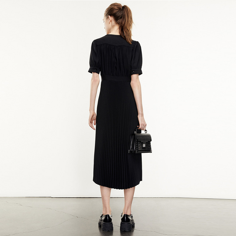 V-Neck Pleated Long Dress