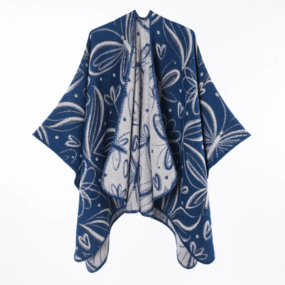 Women's Autumn Winter Double-Sided Butterfly Floral Jacquard Poncho Shawl