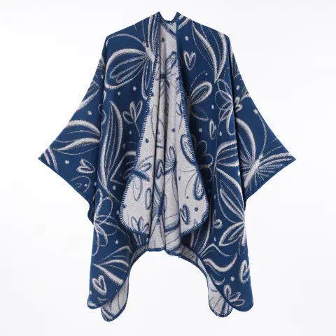 Women's Autumn Winter Double-Sided Butterfly Floral Jacquard Poncho Shawl