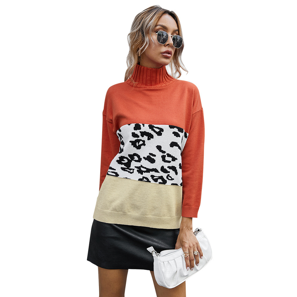 Women's Contrast Color Leopard Print Turtleneck Sweater