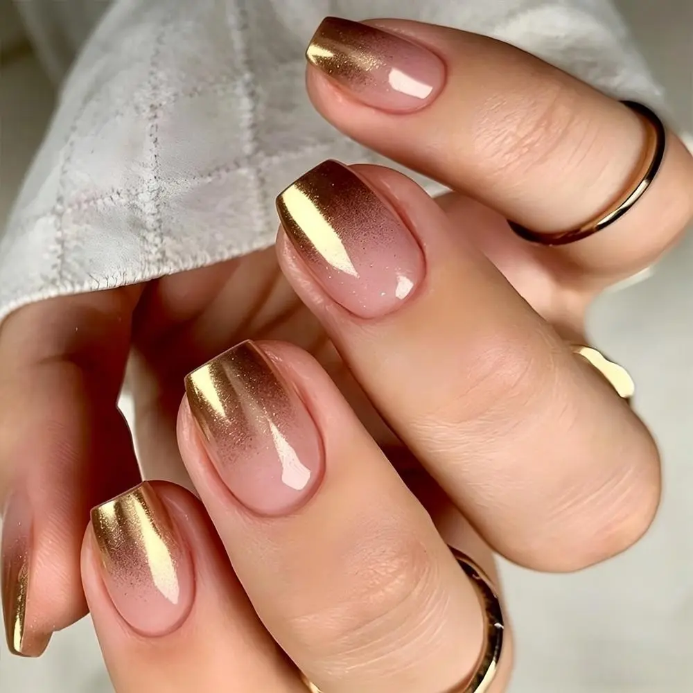 Of Short Rectangular Press-on Gold Gradient Acrylic